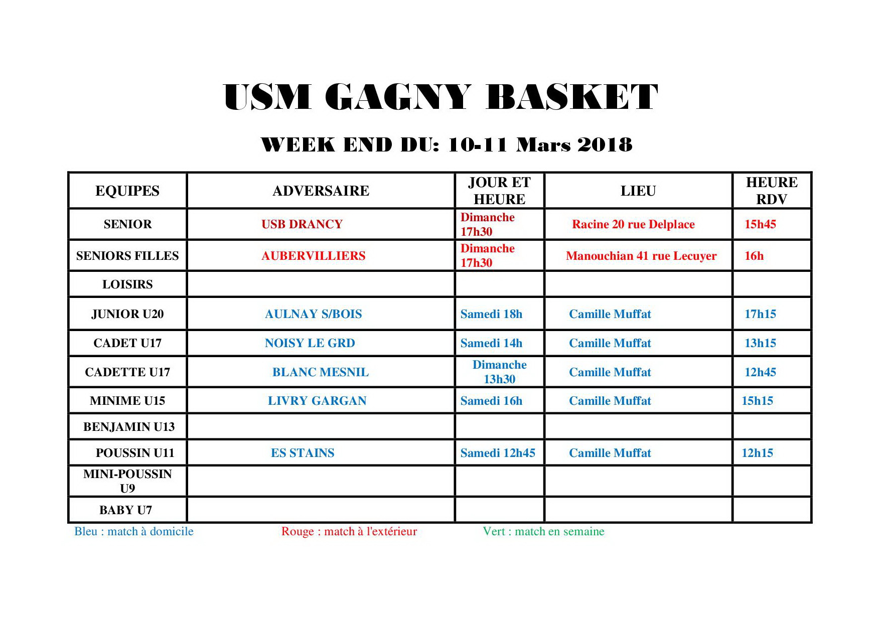 Usmg gagny planning week end 10 11 mars 2018