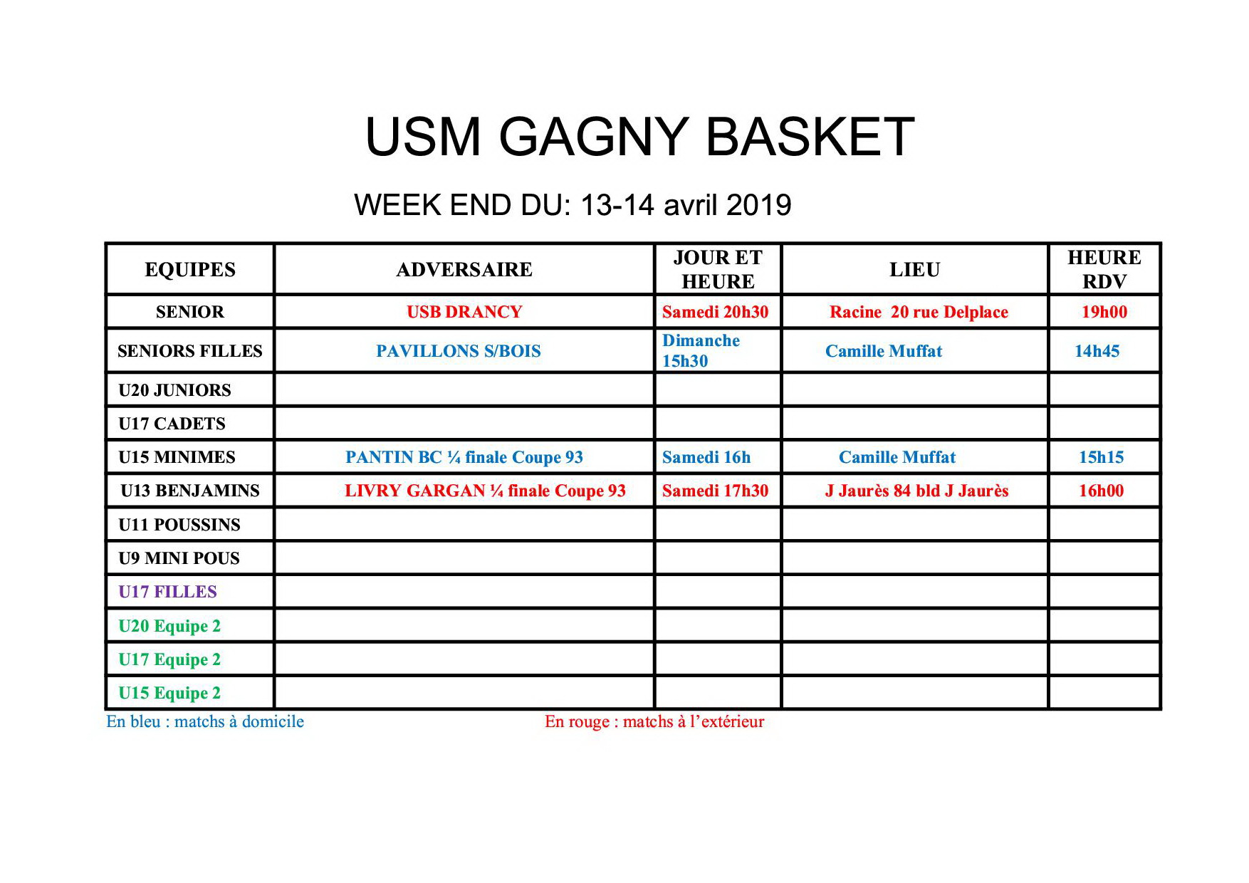 Usmg gagny planning week end 13 et 14 avril 2019