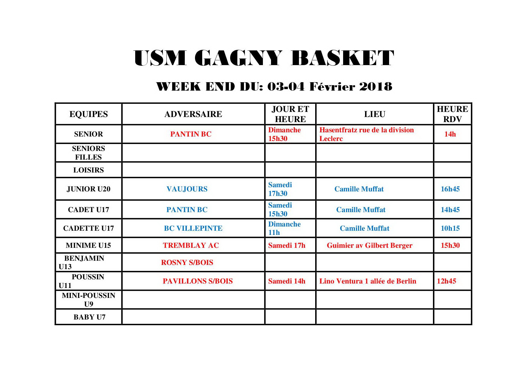 Usmg gagny planning week end 3 4 fevrier 2018