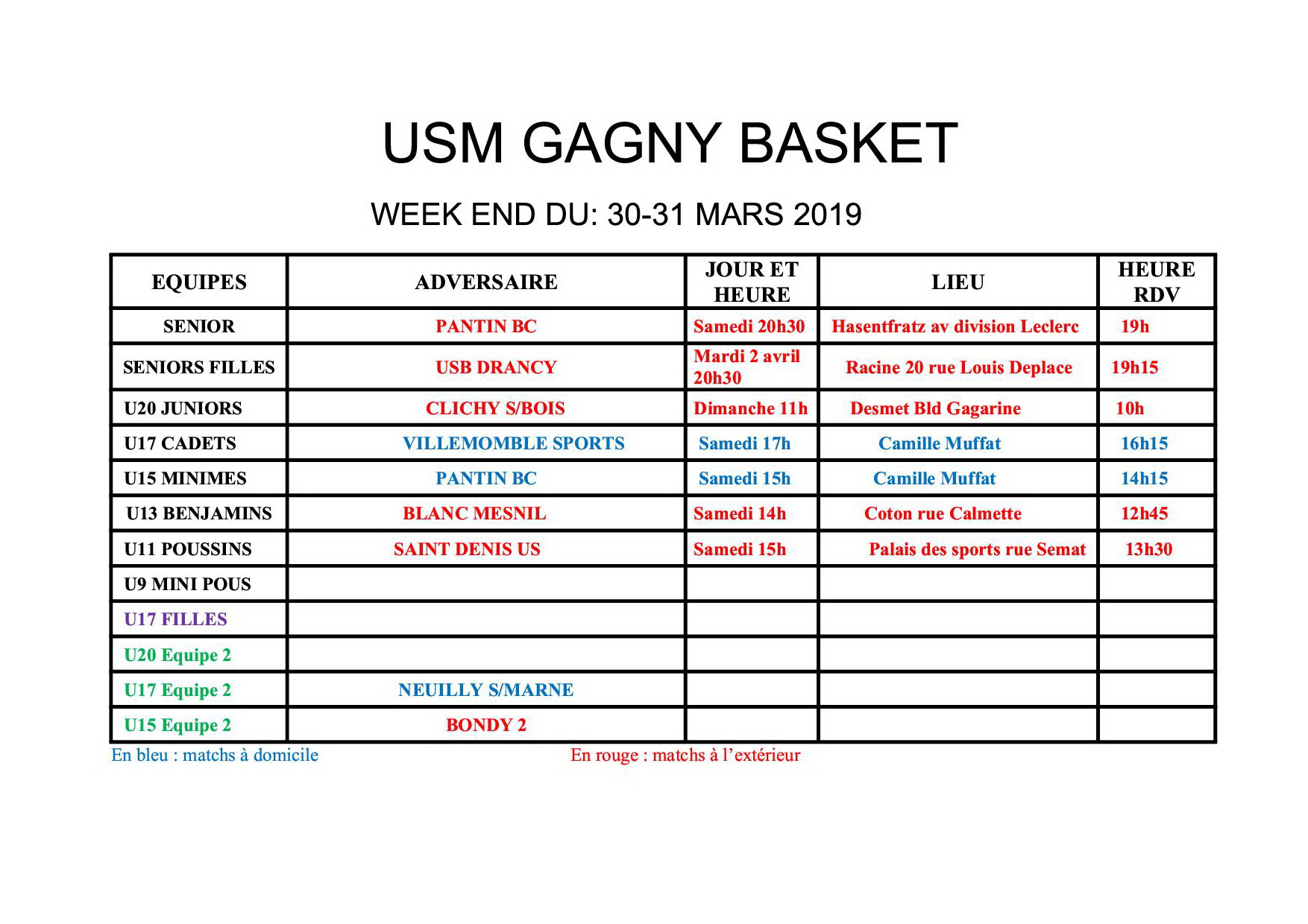 Usmg gagny planning week end 30 31 mars 2019