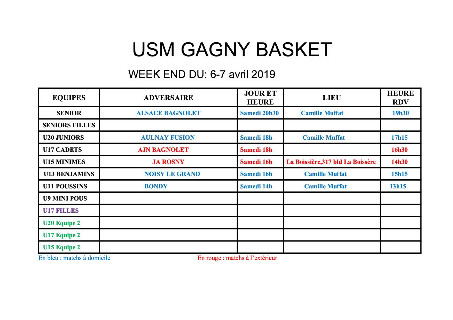 Usmg gagny planning week end 6 7 avril 2019